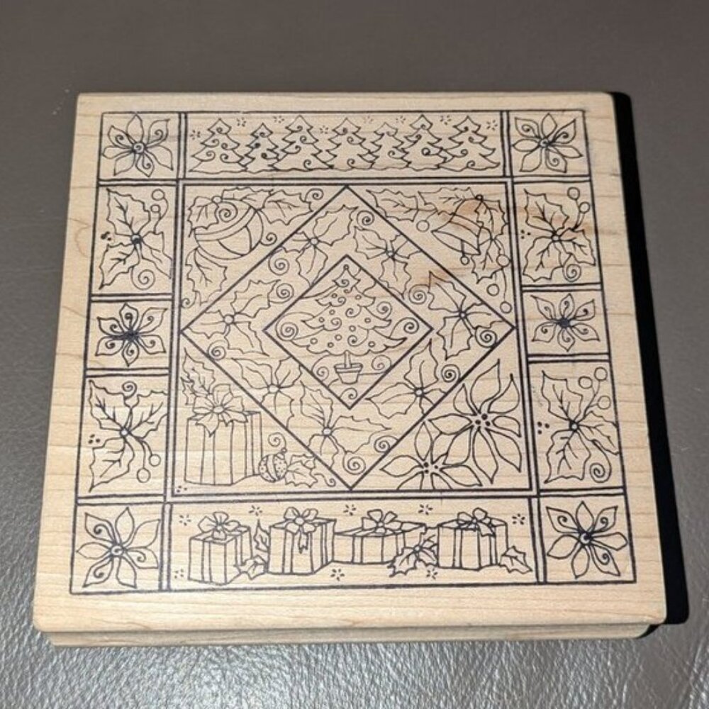 NEW Magenta Christmas Tree Poinsettia Large Collage Wood Mounted Rubber Stamp